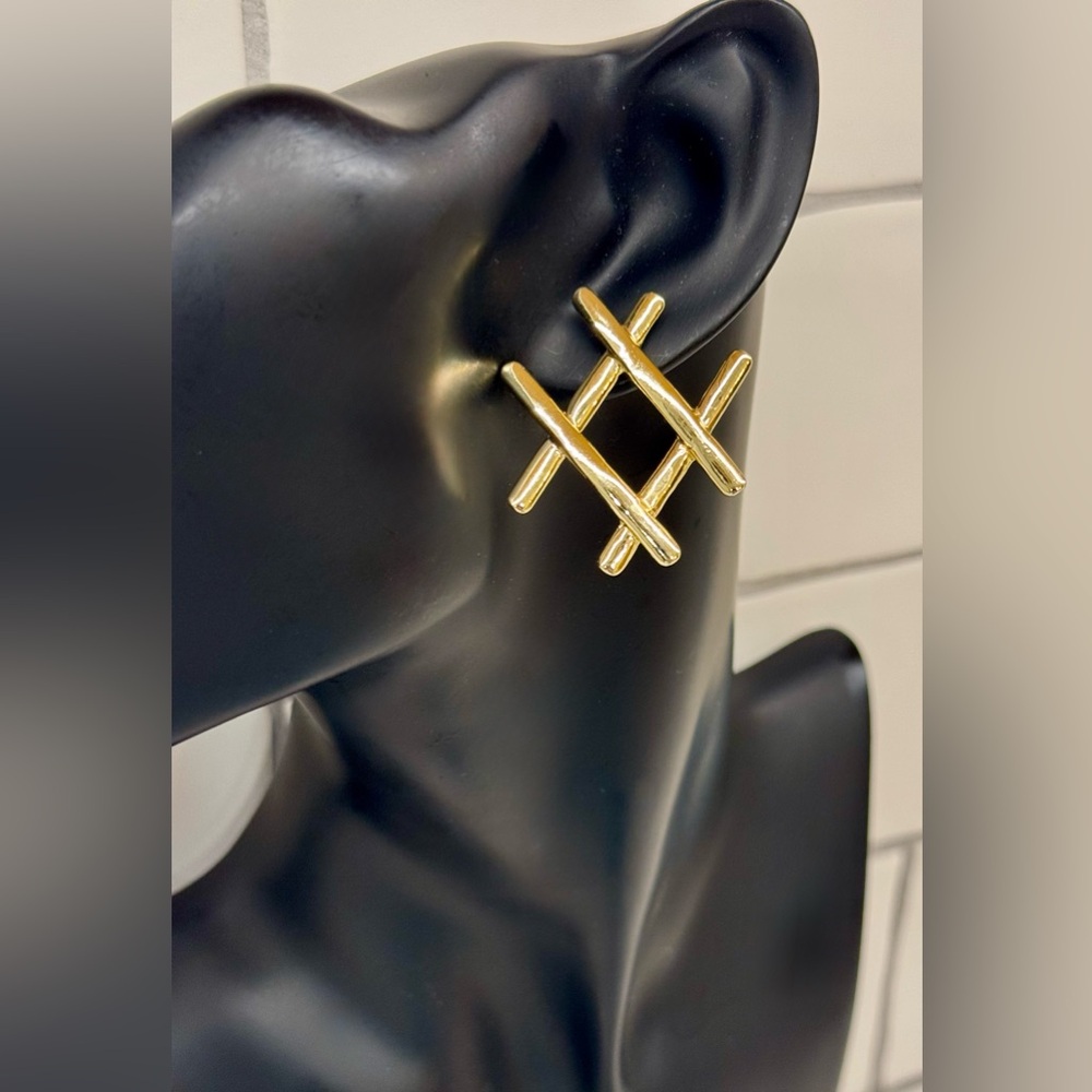 🔔 Geometric Statement Gold Tone Grid Hashtag  UNIQUE Earrings | New Backs